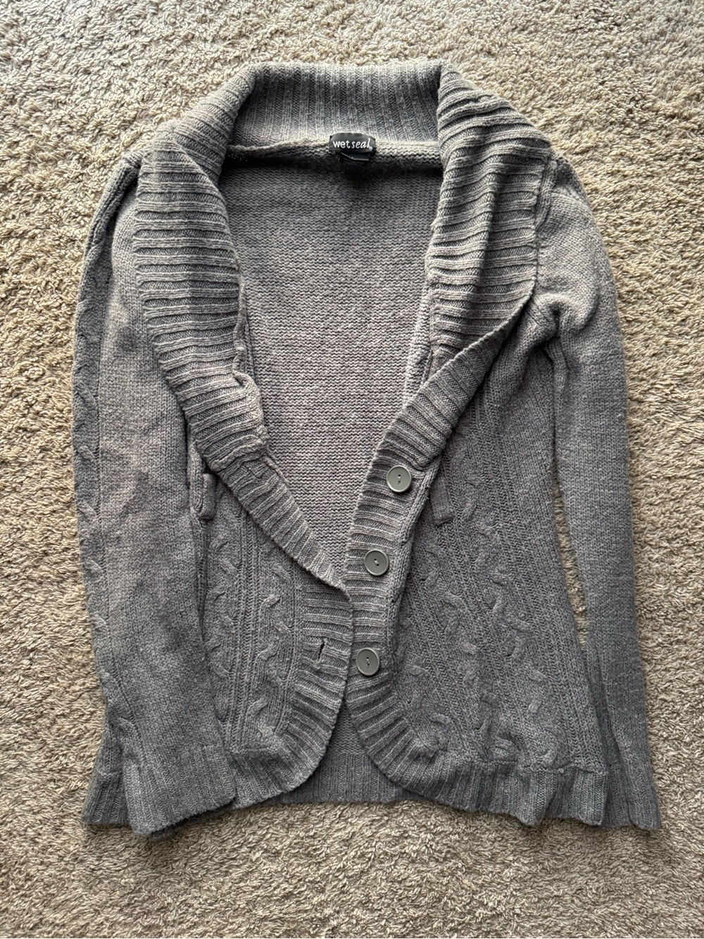 Wet Seal Gray Cable Knit Shawl Collar Cardigan Sweater Size Large